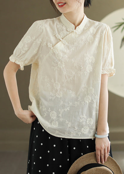 Beige Chinese Button Cotton Shirt Stand Collar Butterfly Sleeve RE010