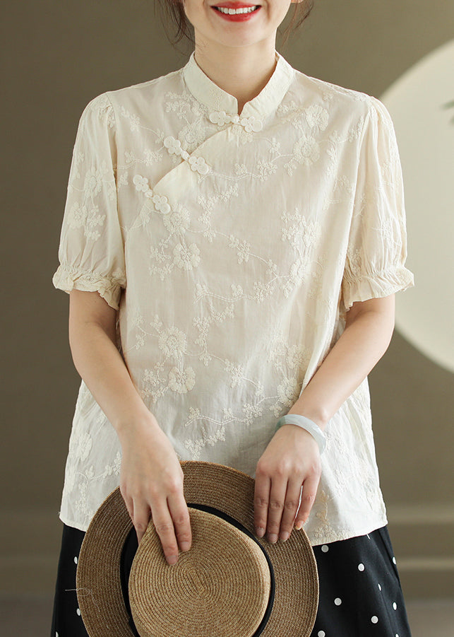 Beige Chinese Button Cotton Shirt Stand Collar Butterfly Sleeve RE010