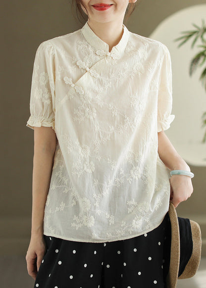 Beige Chinese Button Cotton Shirt Stand Collar Butterfly Sleeve RE010