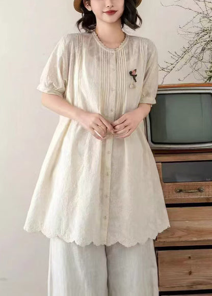 Tops Embroidered Line A Beige Wrinkled Summer Cotton