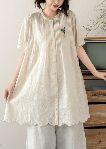 Tops Embroidered Line A Beige Wrinkled Summer Cotton