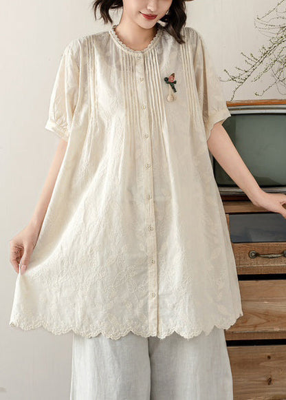 Tops Embroidered Line A Beige Wrinkled Summer Cotton