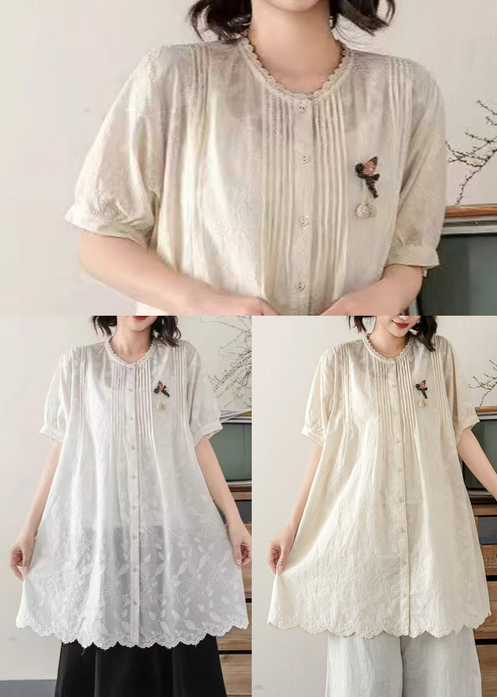 Tops Embroidered Line A Beige Wrinkled Summer Cotton