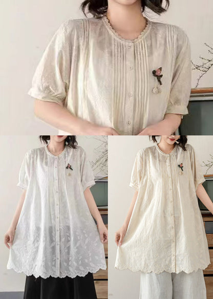 Tops Embroidered Line A Beige Wrinkled Summer Cotton
