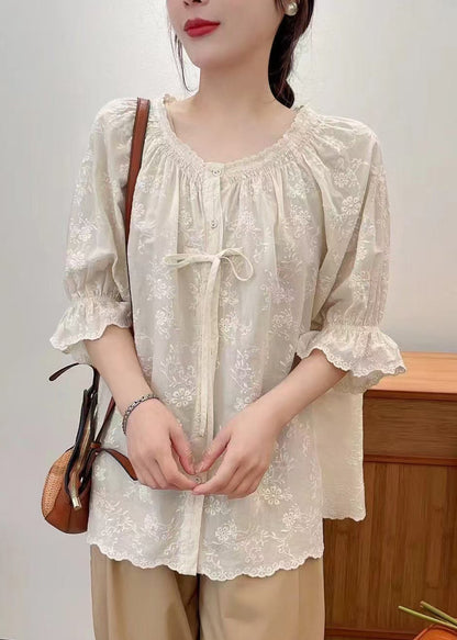 Lace Summer Beige Cotton Embroidered Shirts Up