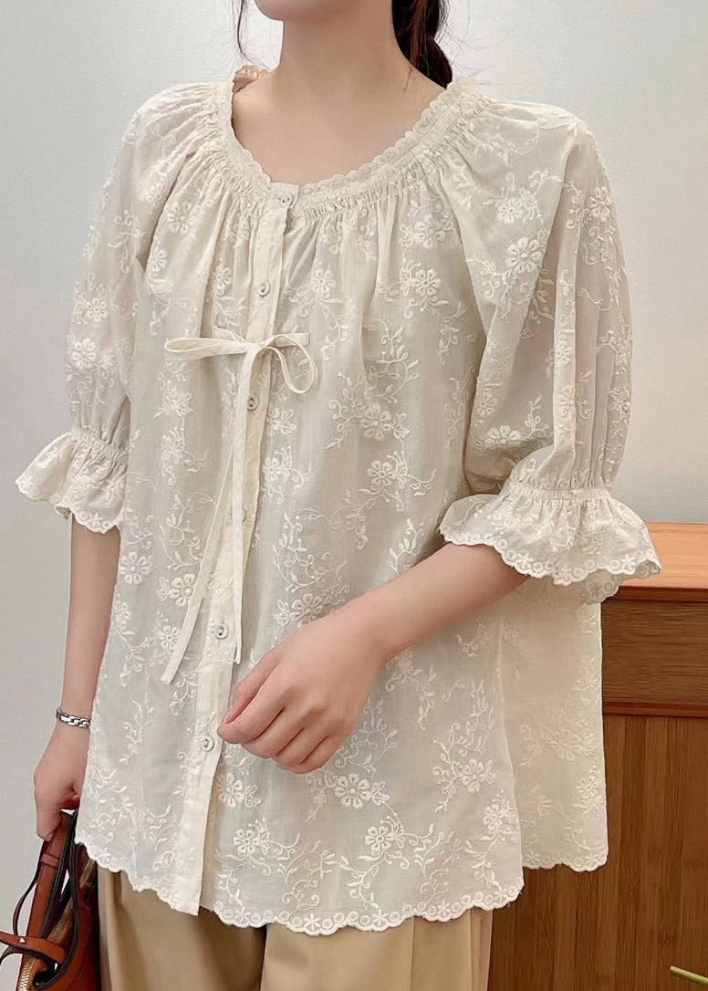 Lace Summer Beige Cotton Embroidered Shirts Up