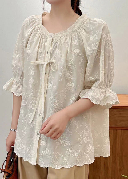 Lace Summer Beige Cotton Embroidered Shirts Up