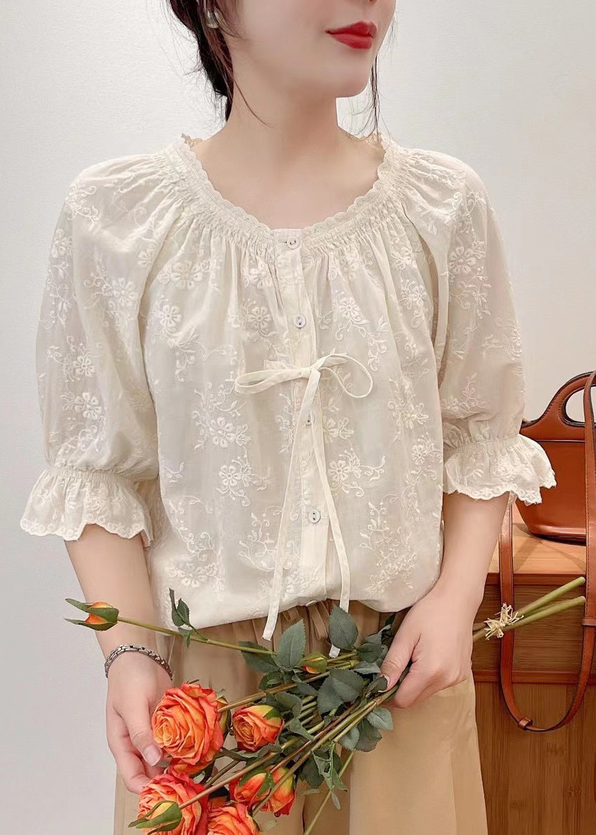 Lace Summer Beige Cotton Embroidered Shirts Up