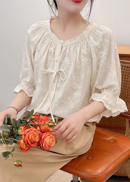 Lace Summer Beige Cotton Embroidered Shirts Up