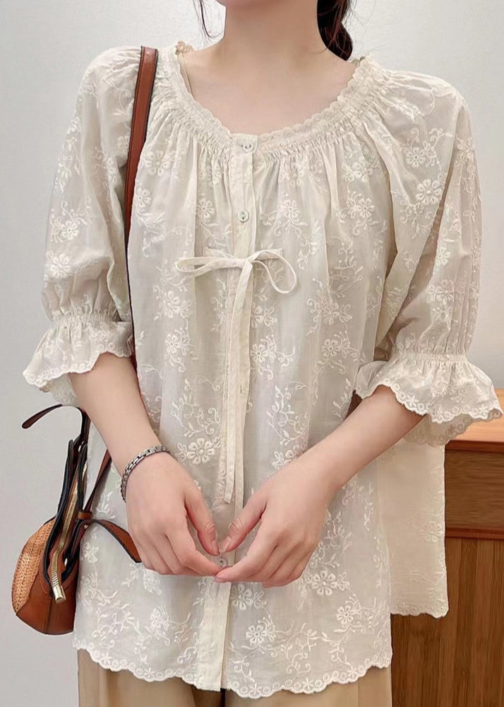 Lace Summer Beige Cotton Embroidered Shirts Up
