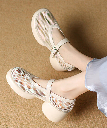 Leather Splicing Beige Mesh Buckle Breathable Cowhide Strap