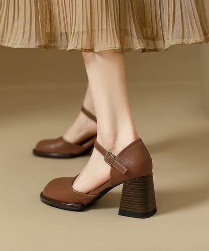 Heel Cowhide Splicing Leather Classy Beige Chunky Sandals