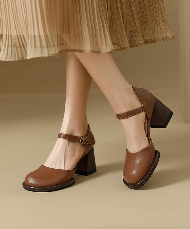 Heel Cowhide Splicing Leather Classy Beige Chunky Sandals