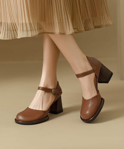 Heel Cowhide Splicing Leather Classy Beige Chunky Sandals