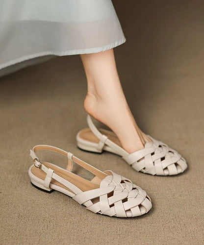Walking Leather Cowhide Out Splicing Hollow Beige Sandals