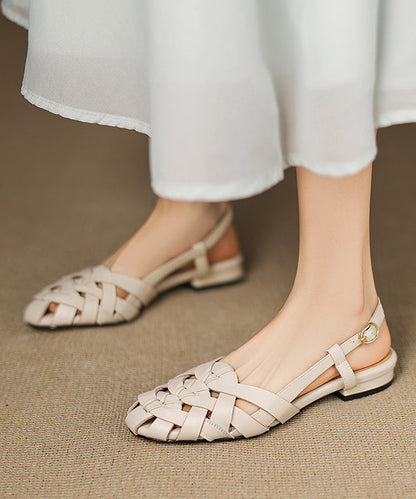 Walking Leather Cowhide Out Splicing Hollow Beige Sandals