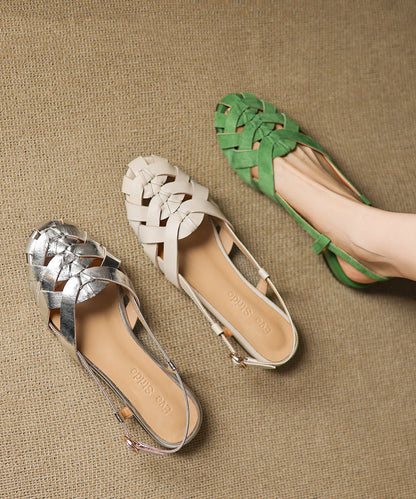 Walking Leather Cowhide Out Splicing Hollow Beige Sandals