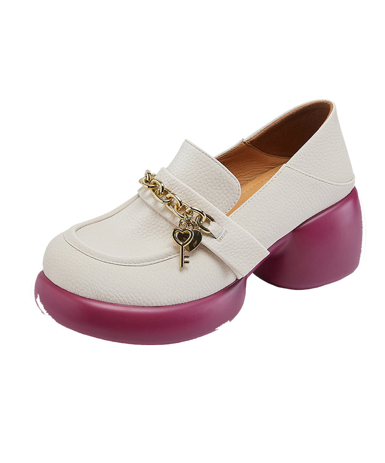 Leather Loafer Platform Cowhide Splicing Shoes Beige