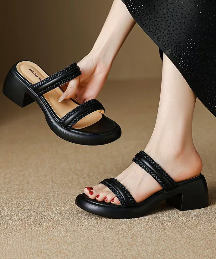 Toe Peep Beige Cowhide Leather Slide Splicing Sandals