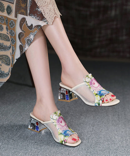 Splicing Sandals Toe Leather Tulle Peep Beige Slide Cowhide