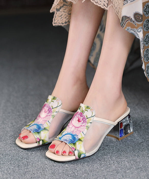 Splicing Sandals Toe Leather Tulle Peep Beige Slide Cowhide