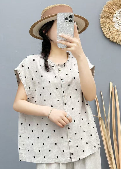 Sleeveless Oversized Beige Dot Beach Vest Linen