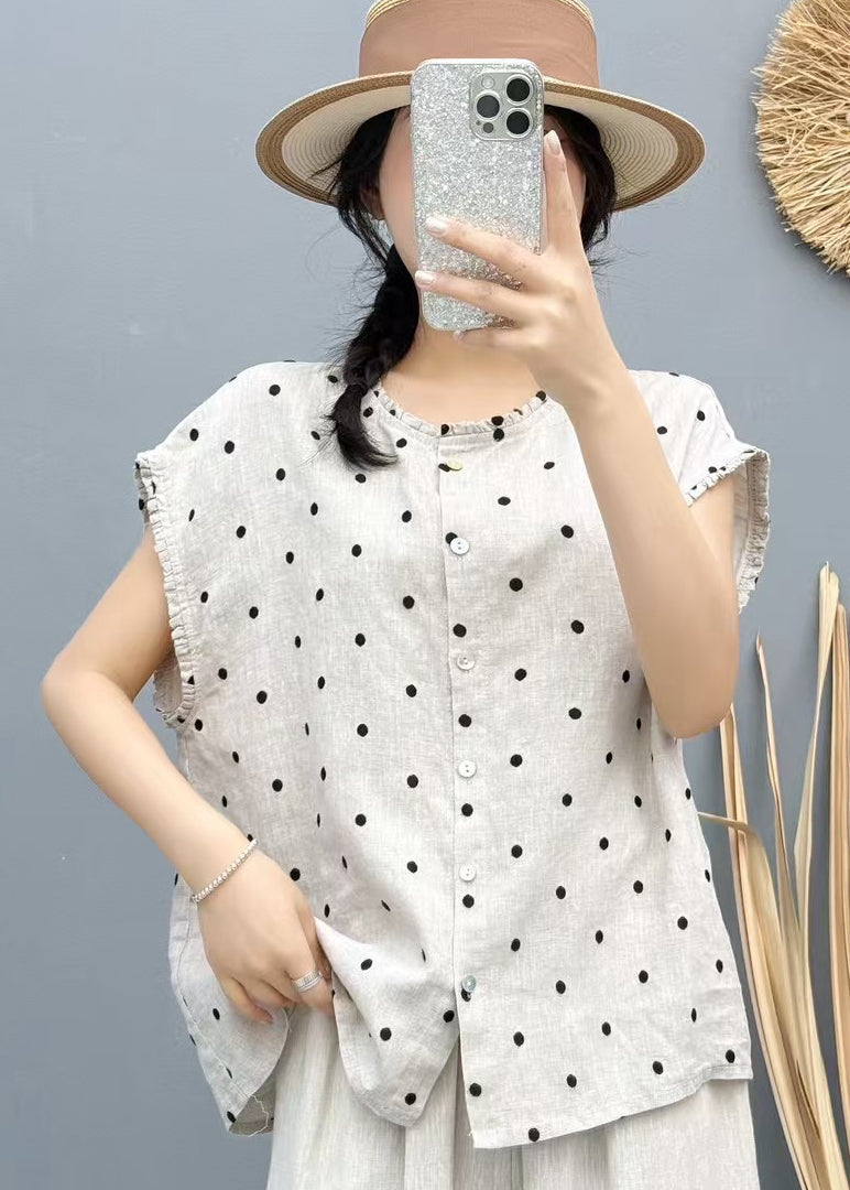 Sleeveless Oversized Beige Dot Beach Vest Linen