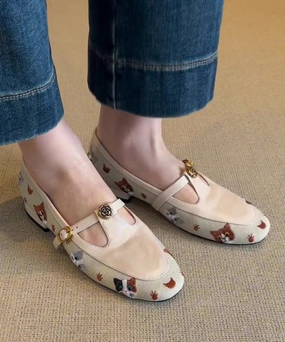 Hollow Flat Embroidered Faux Leather Shoes Out Beige