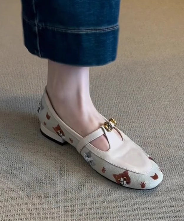 Hollow Flat Embroidered Faux Leather Shoes Out Beige