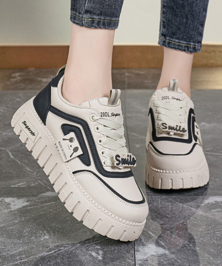 Flat Platform Khaki Feet Splicing Up Beige Shoes Lace
