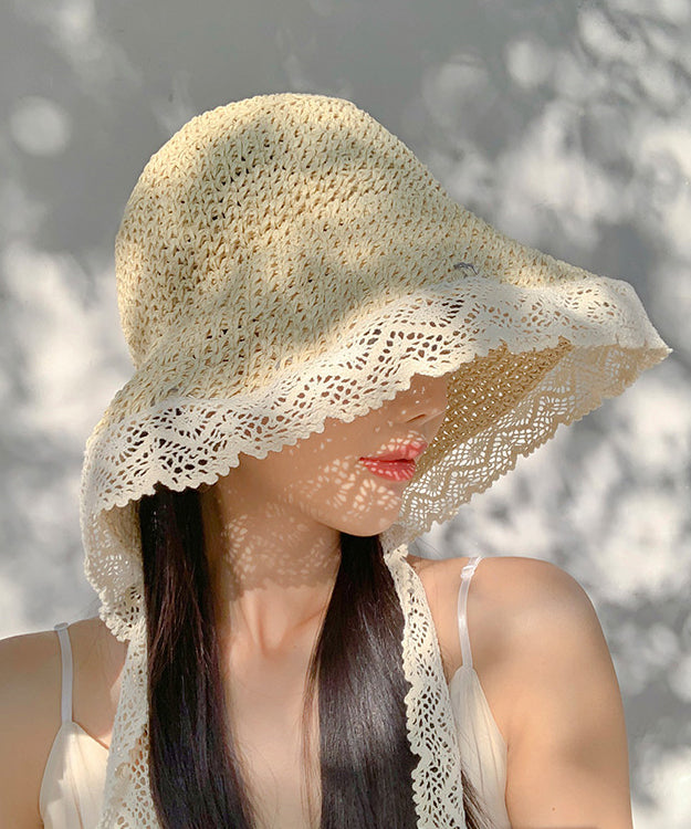 Woven Lace Beige Hat Sun Women Summer Brimmed Straw Large