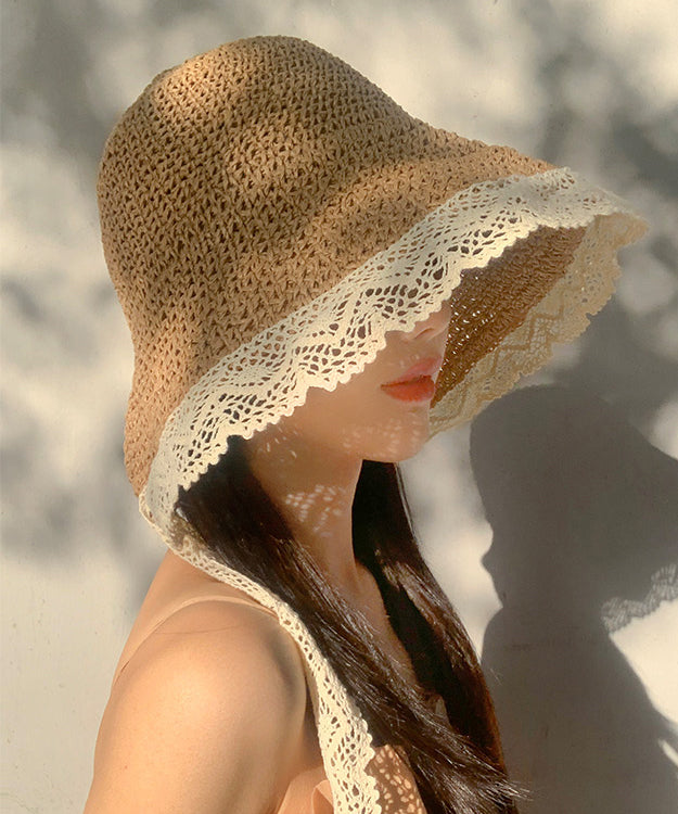 Woven Lace Beige Hat Sun Women Summer Brimmed Straw Large