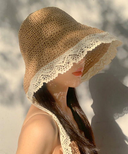 Woven Lace Beige Hat Sun Women Summer Brimmed Straw Large