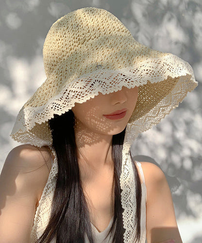 Woven Lace Beige Hat Sun Women Summer Brimmed Straw Large