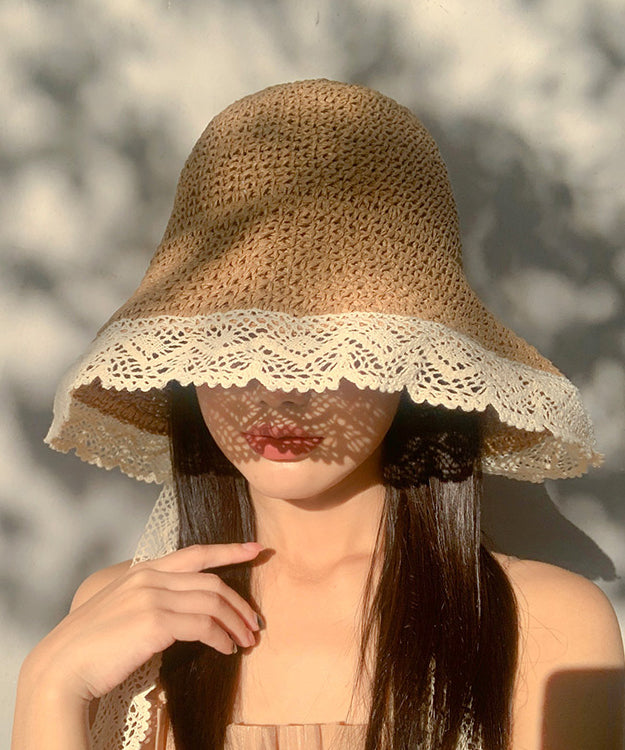 Woven Lace Beige Hat Sun Women Summer Brimmed Straw Large