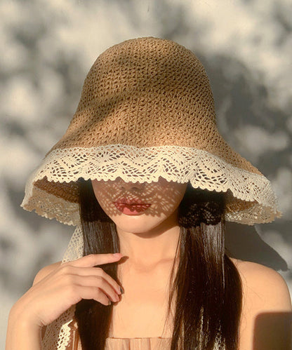 Woven Lace Beige Hat Sun Women Summer Brimmed Straw Large
