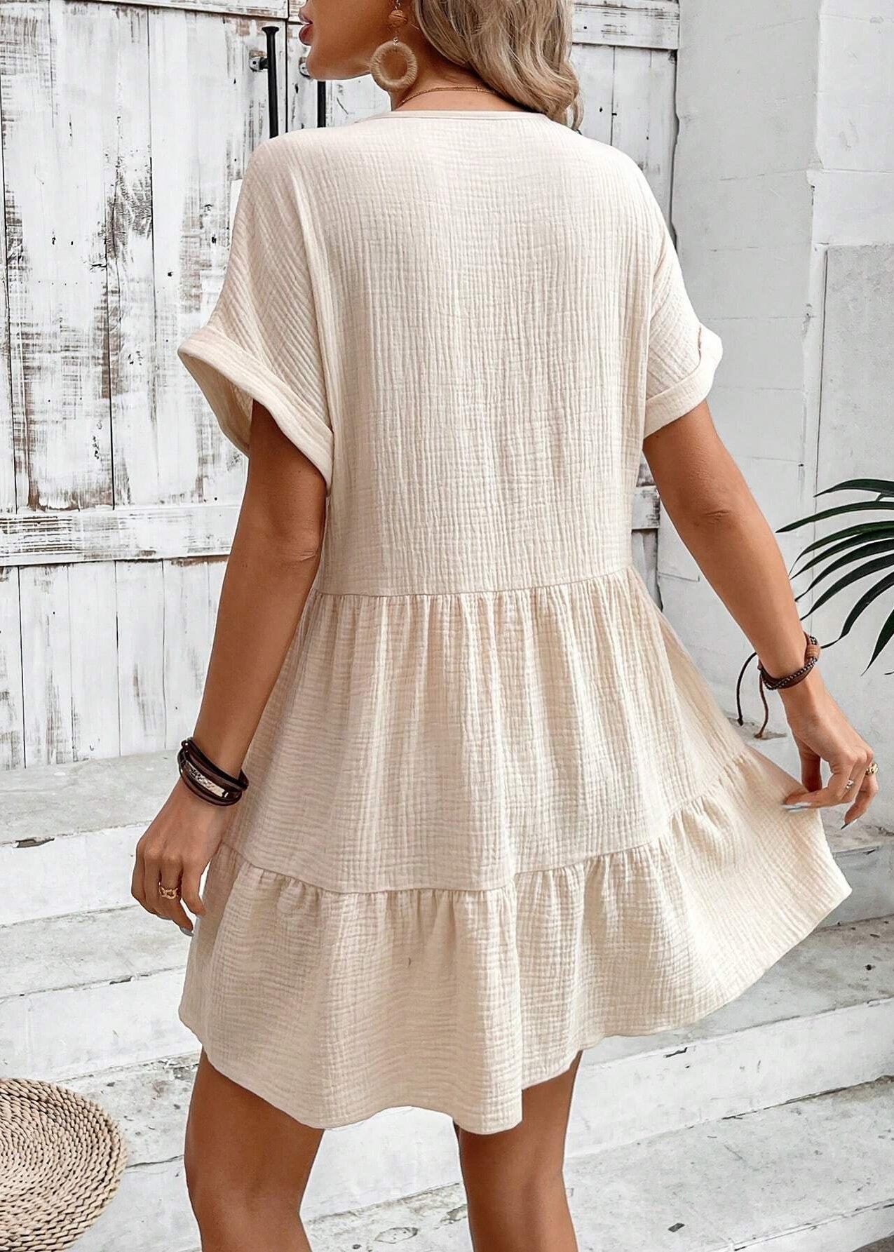 Cotton Neck Vacation Patchwork Beige Summer Dress V