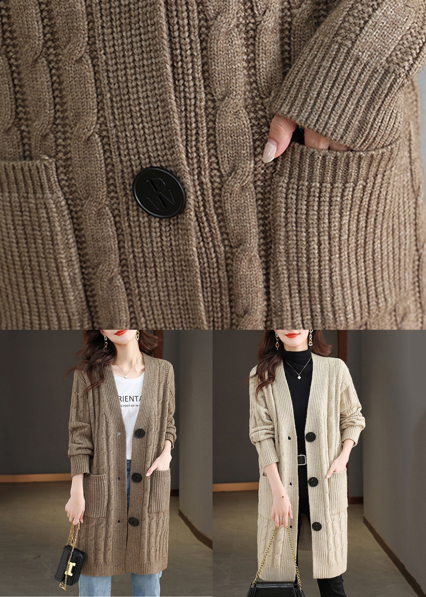 Beige Pockets Cable Wool Knit Fall Cardigans V Neck QS014