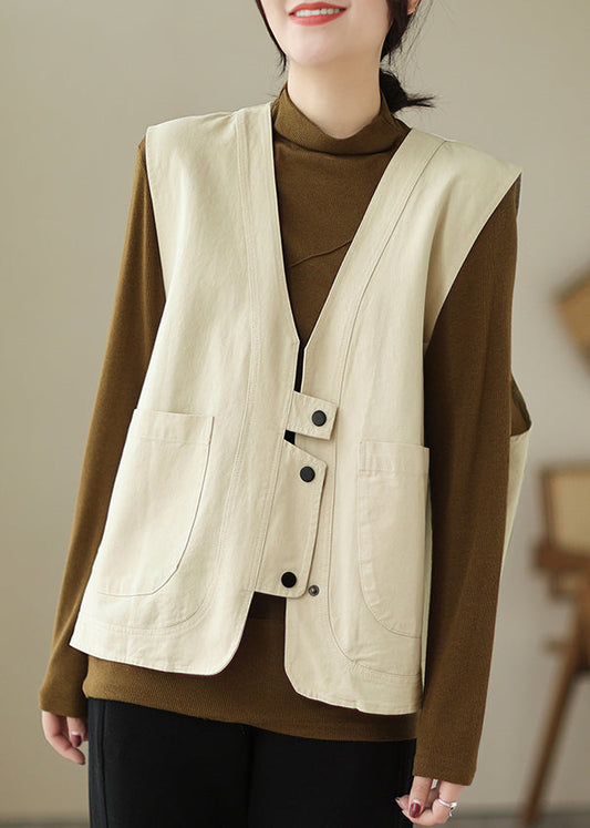 Beige Pockets Patchwork Cotton Vest V Neck Sleeveless TI026