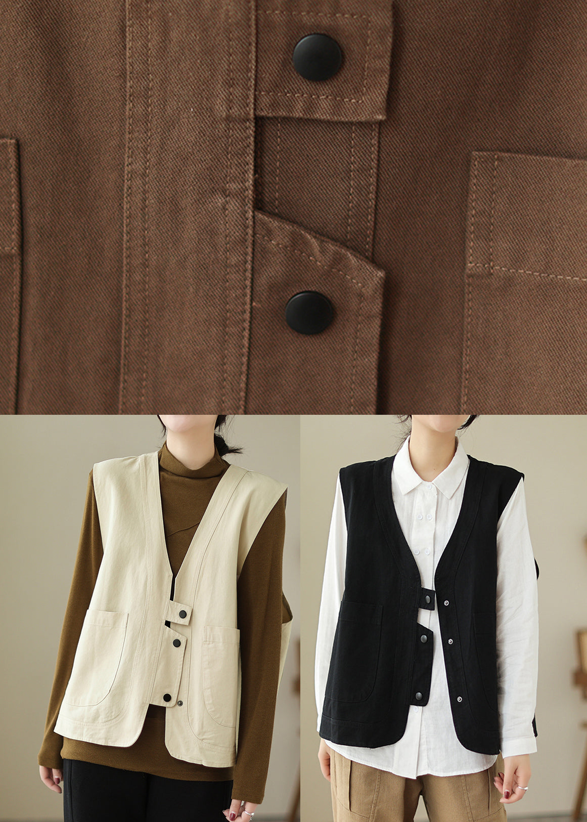 Beige Pockets Patchwork Cotton Vest V Neck Sleeveless TI026