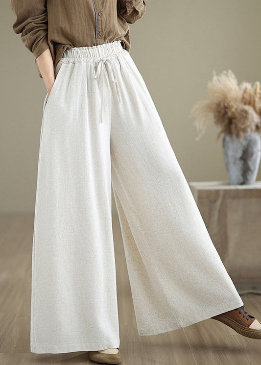 Beige Pockets Simple Cotton Wide Leg Pants Drawstring Fall QO045