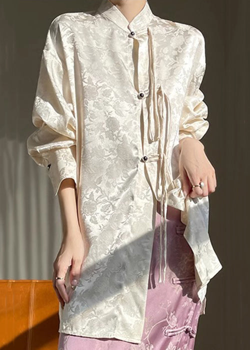 Beige Print Silk Shirt Stand Collar Long Sleeve AB1001