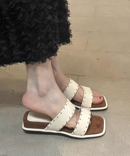 Wedge Sandals Peep Rivet Splicing Slide Beige Toe