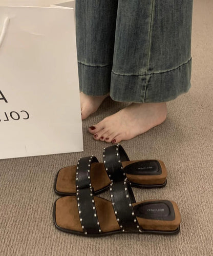 Wedge Sandals Peep Rivet Splicing Slide Beige Toe