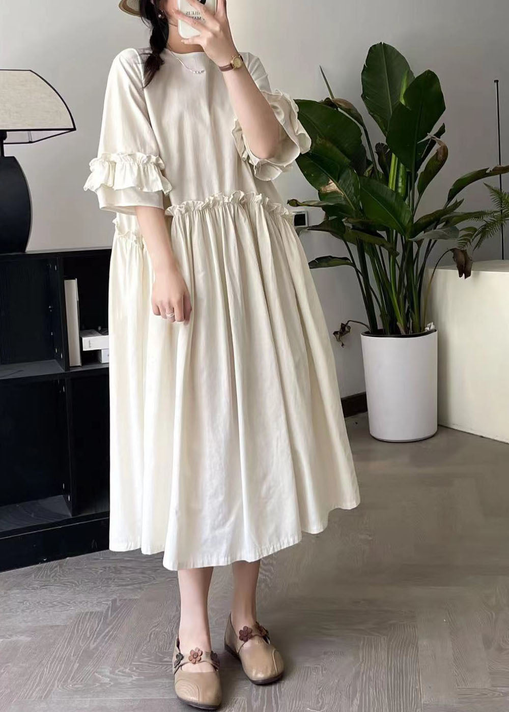 Beige Ruffled Patchwork Maxi Dress Short Sleeve BV032