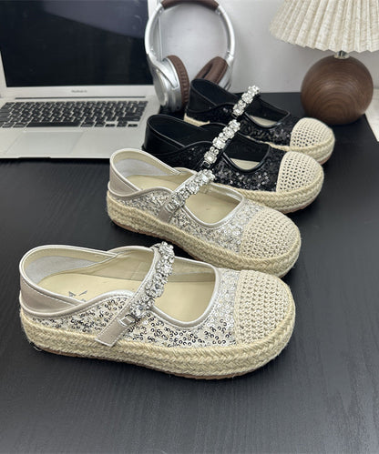 Flat Sequins Platform Beige Shoes Buckle Zircon Splicing Strap
