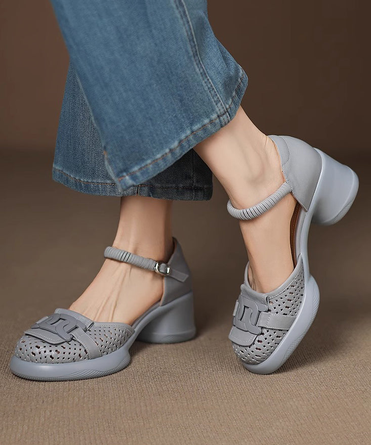 Sheepskin Splicing Strap Chunky Heel Buckle Sandals Beige