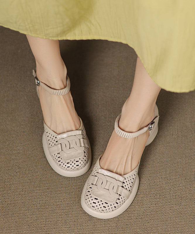 Sheepskin Splicing Strap Chunky Heel Buckle Sandals Beige