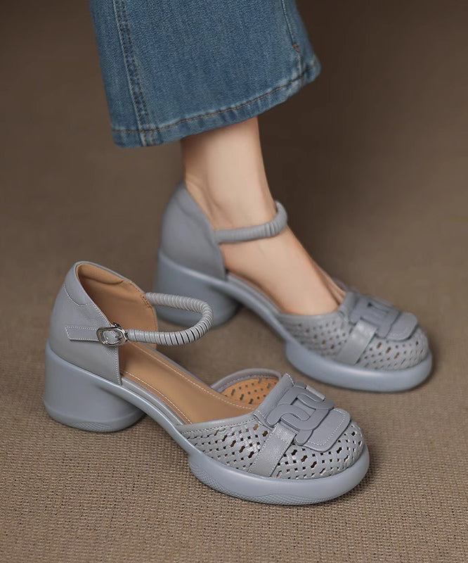 Sheepskin Splicing Strap Chunky Heel Buckle Sandals Beige