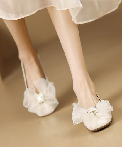 French Sheepskin Splicing Flats Bow Beige